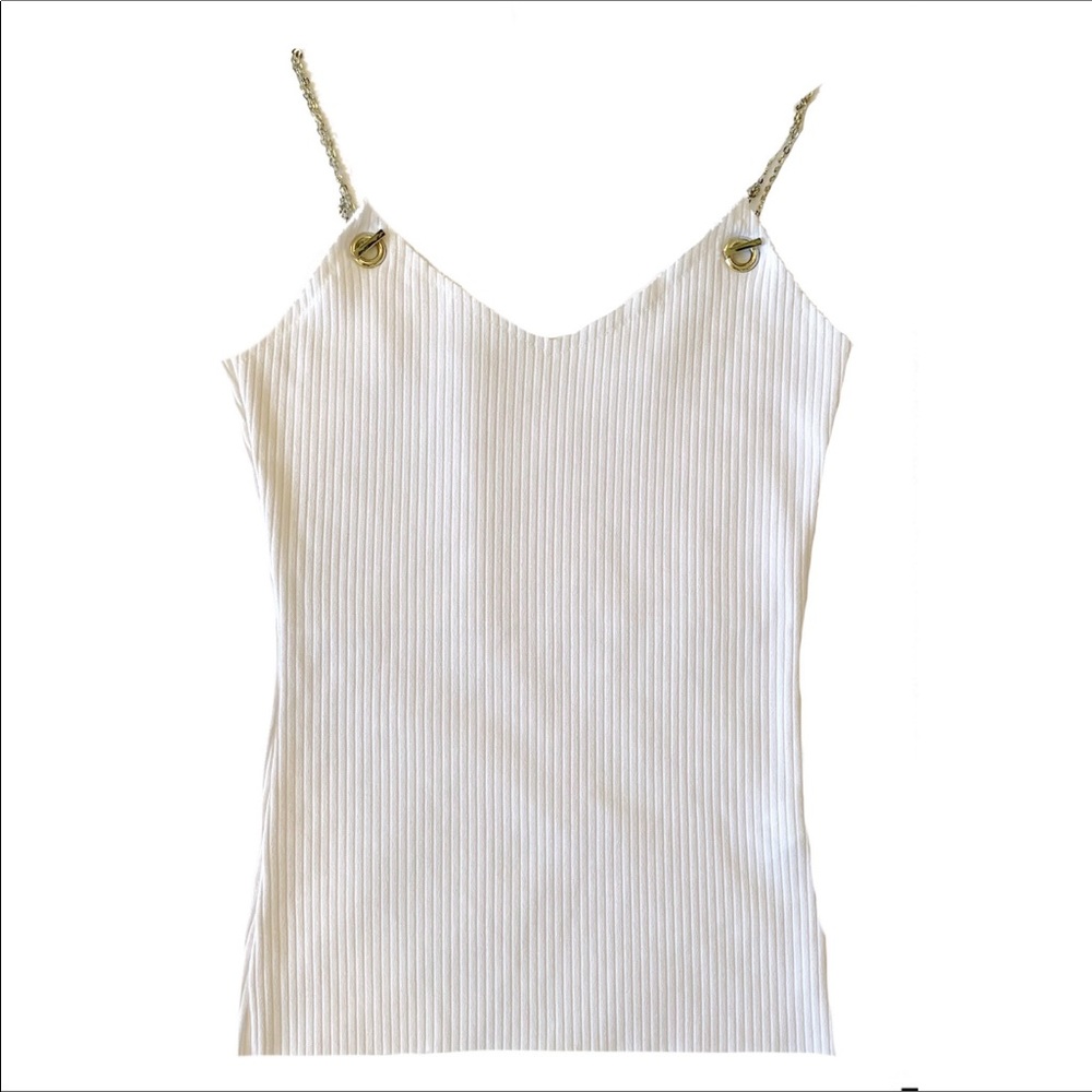 Knit Ribbed White Chain Strap Tank Top S